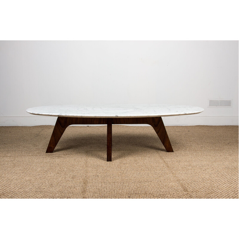 Vintage coffee table in marble and rosewood by Hugues Poignant for Roche et Bobois, France 1970s