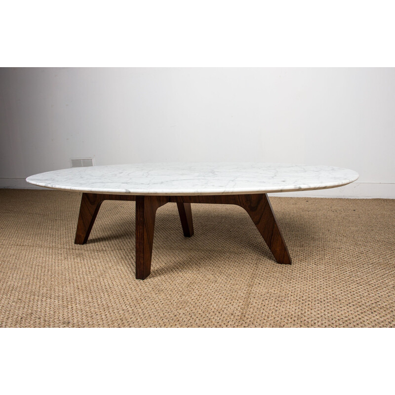 Vintage coffee table in marble and rosewood by Hugues Poignant for Roche et Bobois, France 1970s