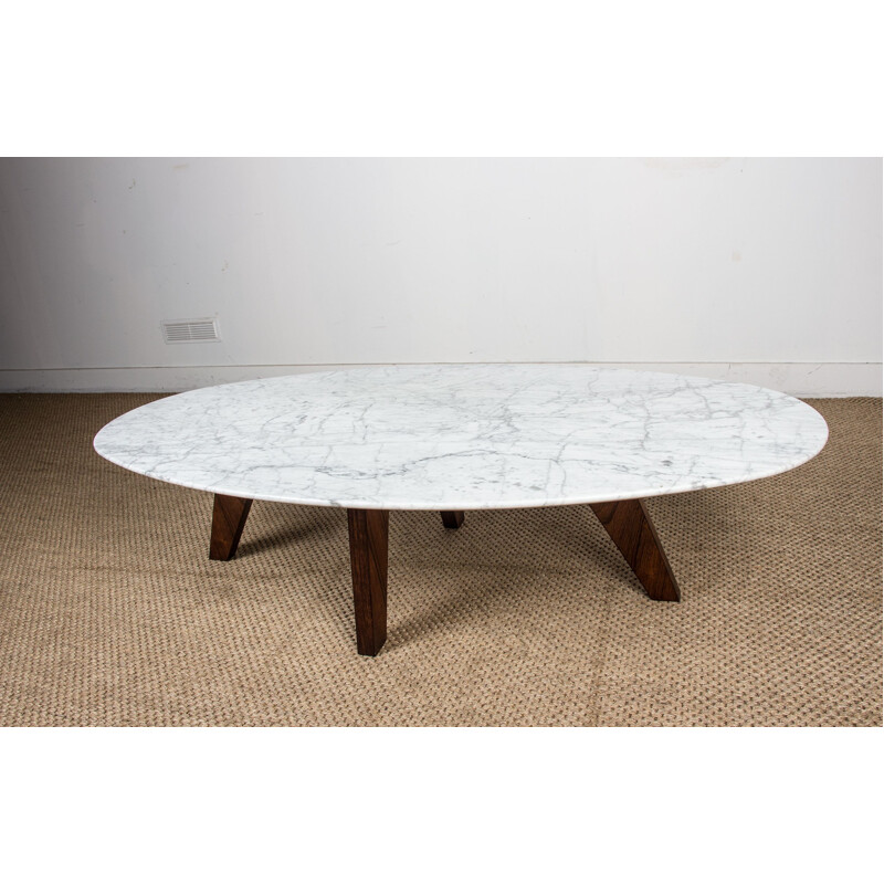 Vintage coffee table in marble and rosewood by Hugues Poignant for Roche et Bobois, France 1970s