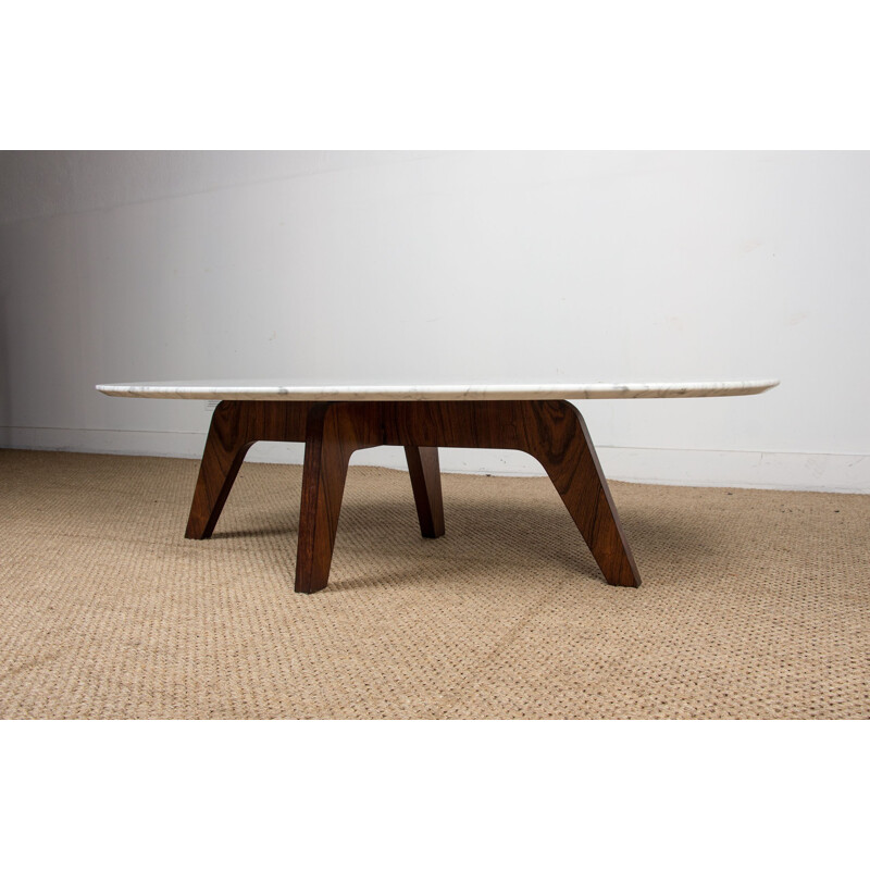 Vintage coffee table in marble and rosewood by Hugues Poignant for Roche et Bobois, France 1970s