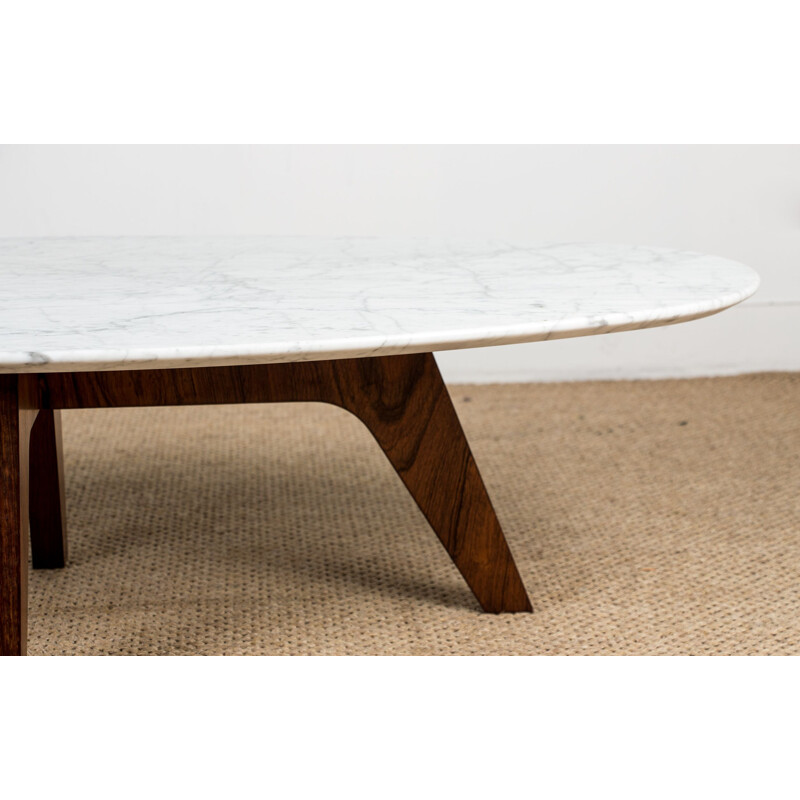 Vintage coffee table in marble and rosewood by Hugues Poignant for Roche et Bobois, France 1970s