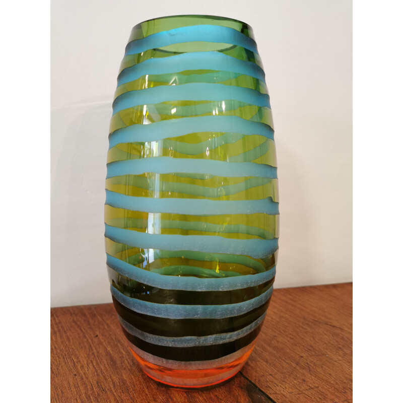 Vintage vase in blown and frosted glass in spiral shape