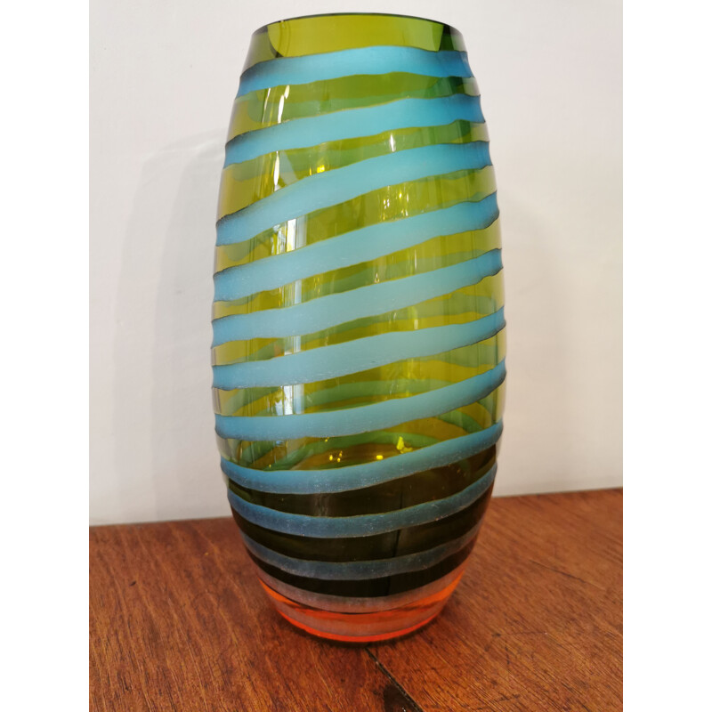 Vintage vase in blown and frosted glass in spiral shape