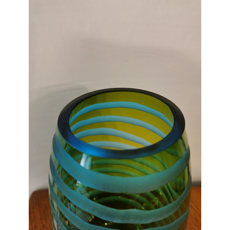 Vintage vase in blown and frosted glass in spiral shape