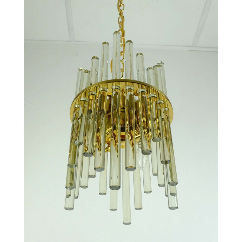 Vintage gilt brass and glass rods hollywood pendant light by christoph palme 1960s