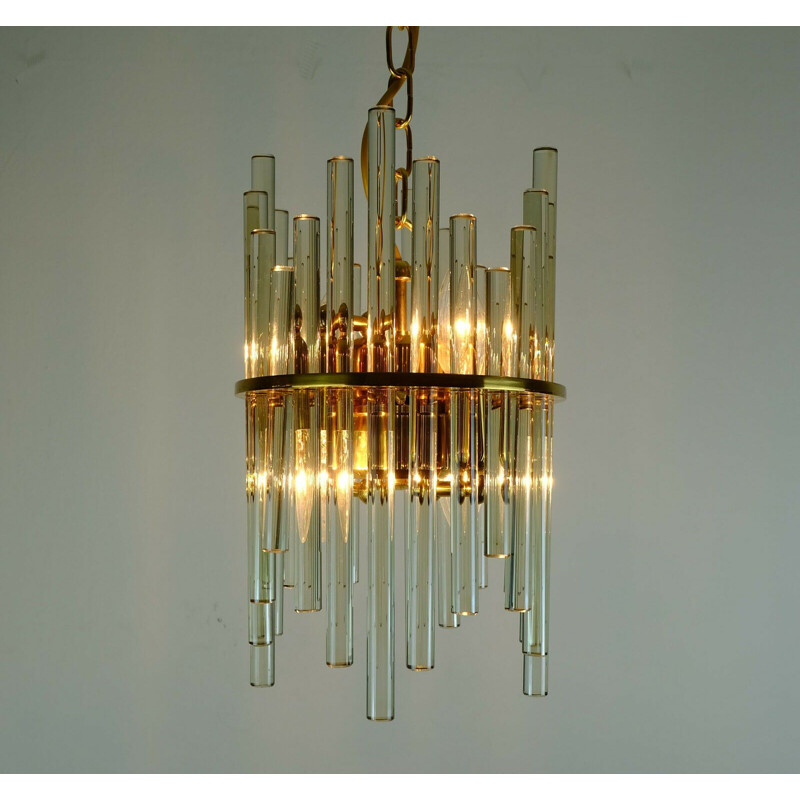 Vintage gilt brass and glass rods hollywood pendant light by christoph palme 1960s