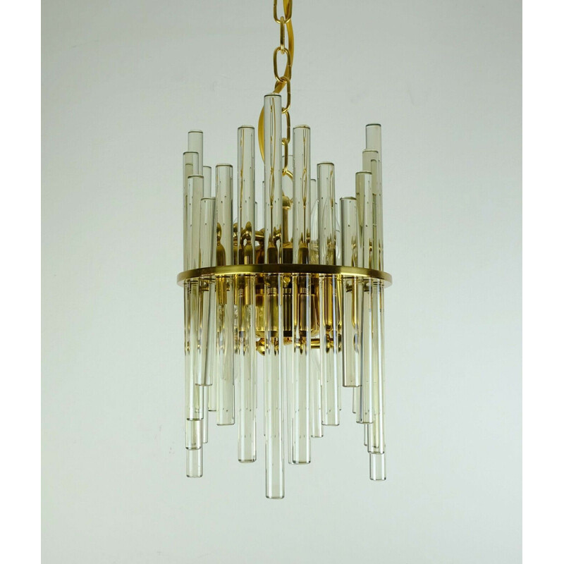 Vintage gilt brass and glass rods hollywood pendant light by christoph palme 1960s