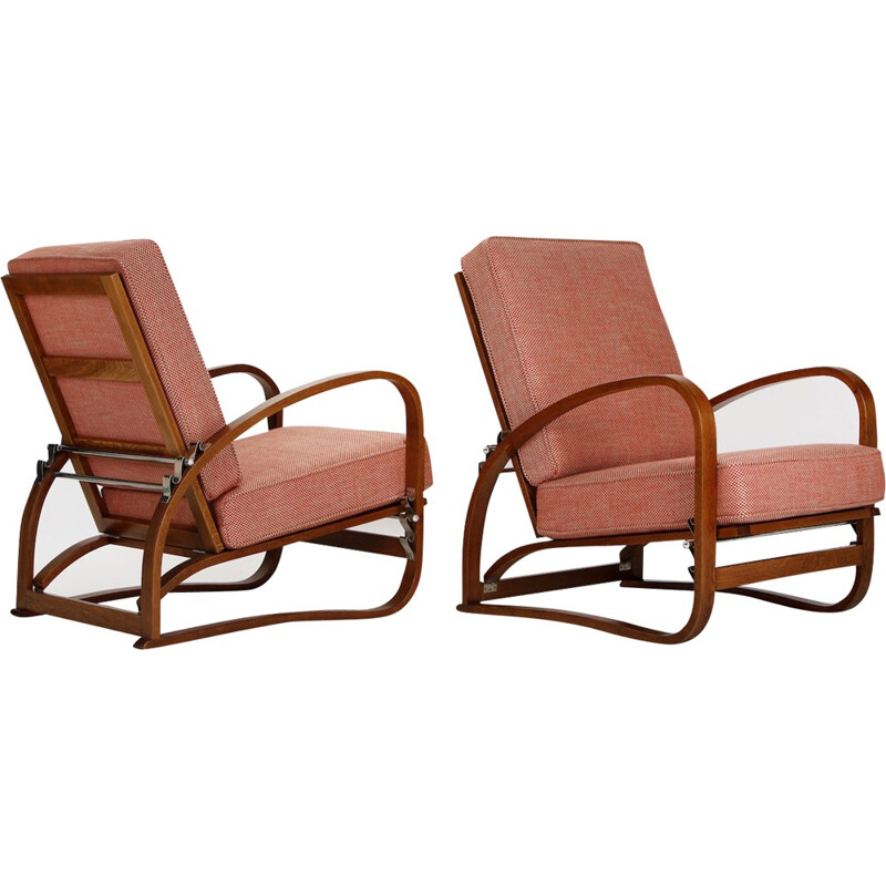 Paire de fauteuils "H-70" Spojene UP Zavody retapissés en tissu rouge et blanc, Jindrich HALABALA - 1930