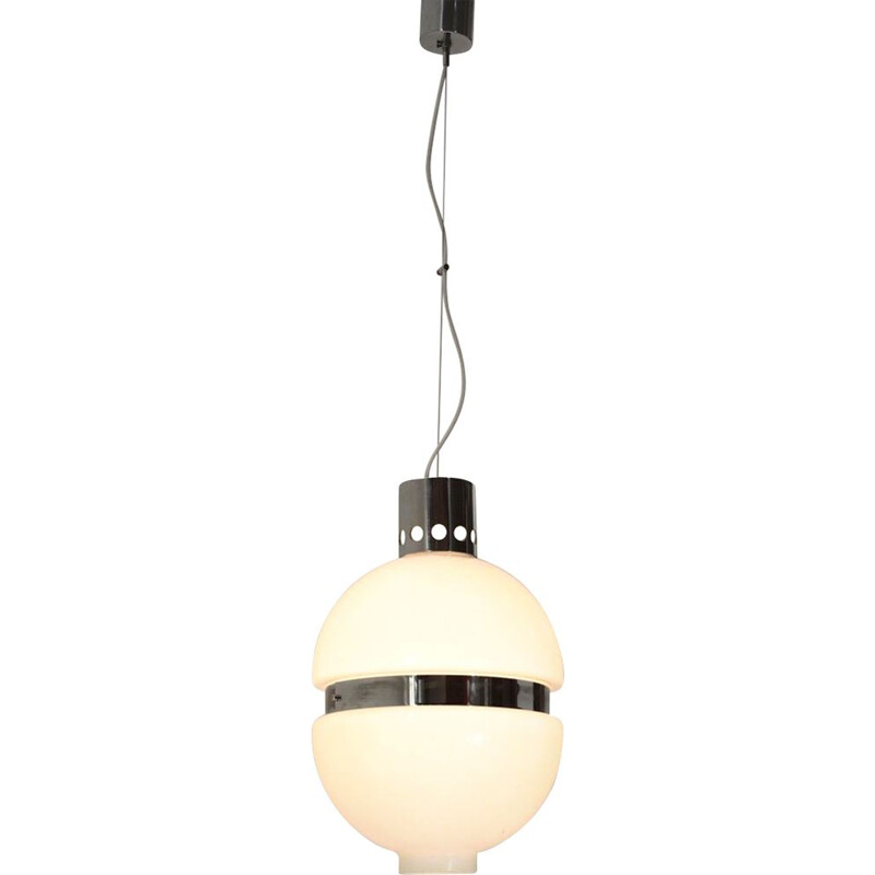 Vintage white glass and chrome metal pendant lamp, Italy 1960