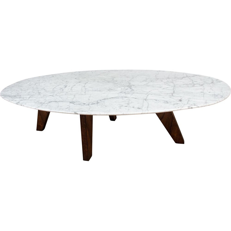 Vintage coffee table in marble and rosewood by Hugues Poignant for Roche et Bobois, France 1970s