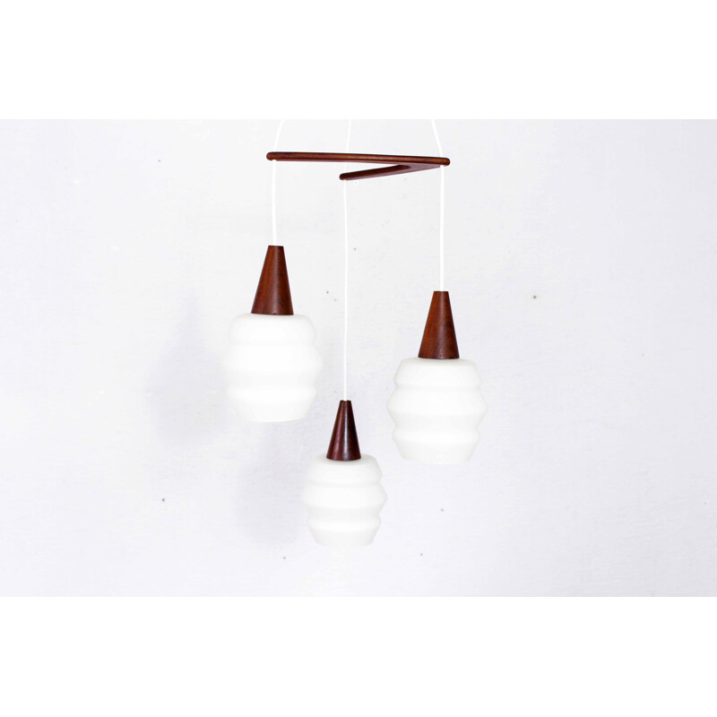 Vintage teak and opaline boomerang chandelier by Philips 1960s