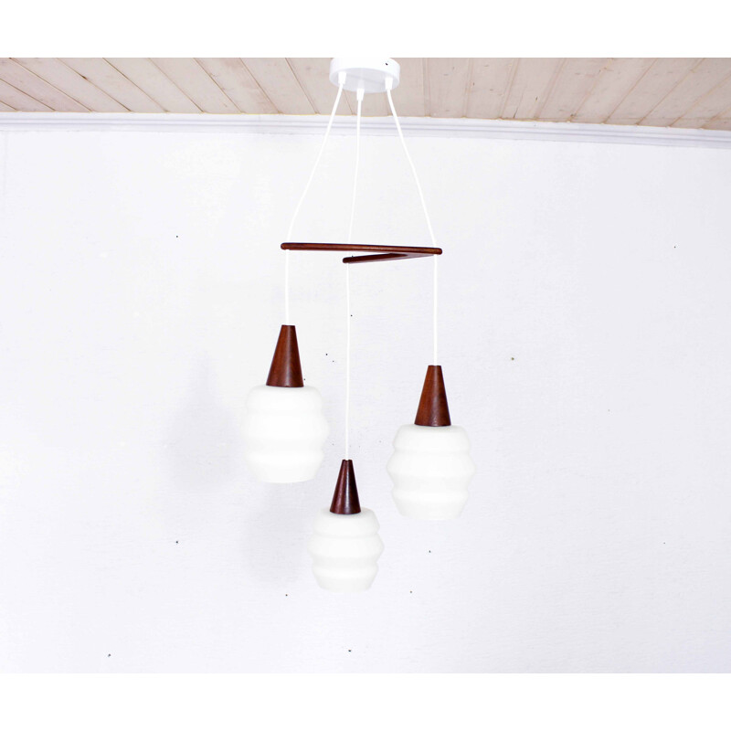 Vintage teak and opaline boomerang chandelier by Philips 1960s