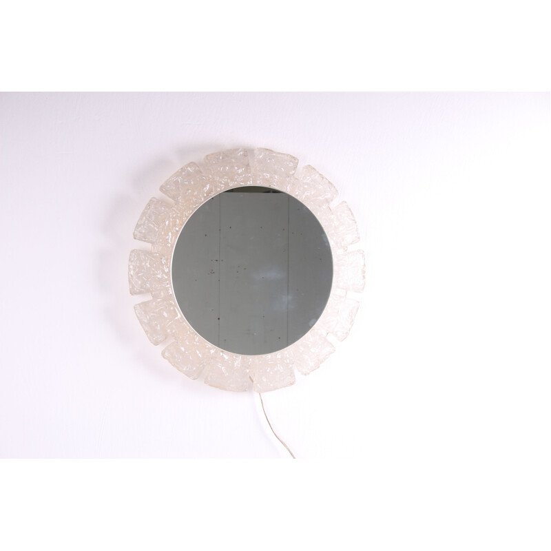 Miroir mural vintage rond avec éclairage et bord en plexiglas hillebrand 1960