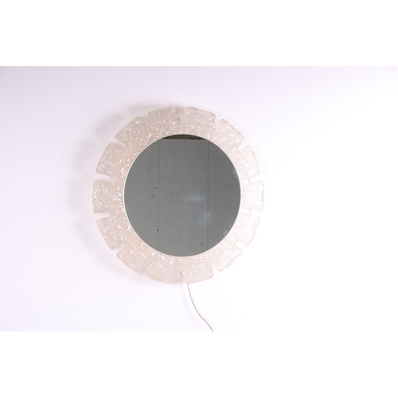 Vintage Round wall mirror with lighting and hillebrand plexiglass edge 1960s