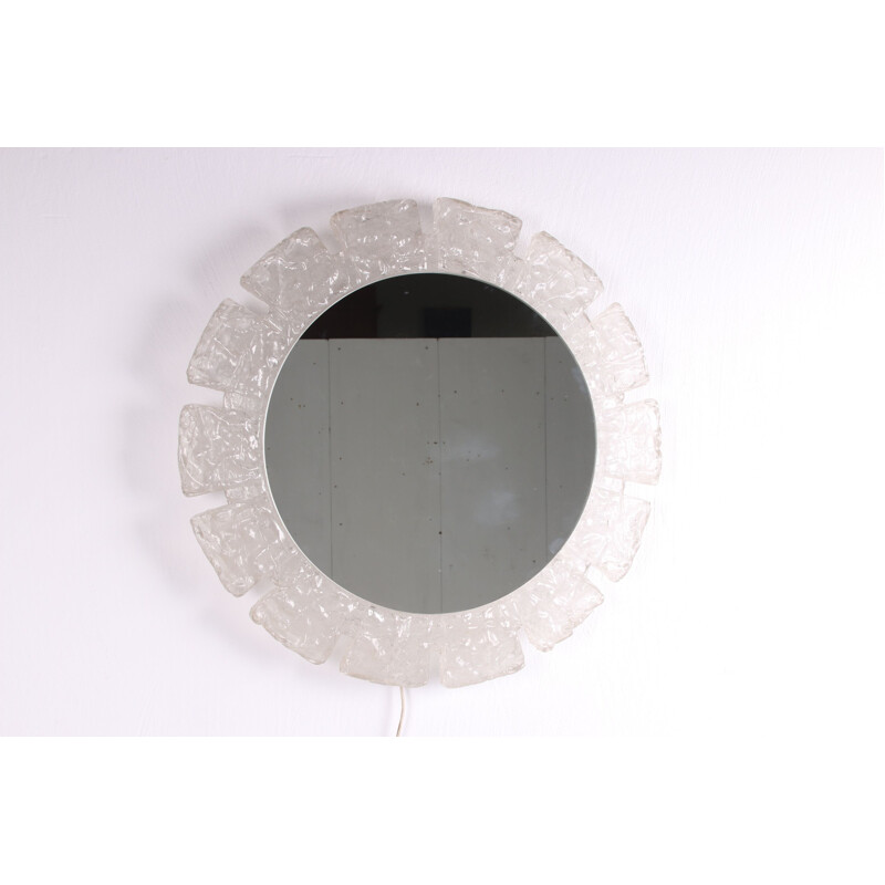 Vintage Round wall mirror with lighting and hillebrand plexiglass edge 1960s