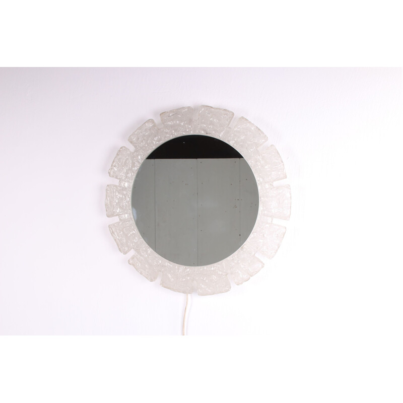 Vintage Round wall mirror with lighting and hillebrand plexiglass edge 1960s