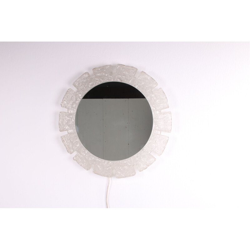 Vintage Round wall mirror with lighting and hillebrand plexiglass edge 1960s