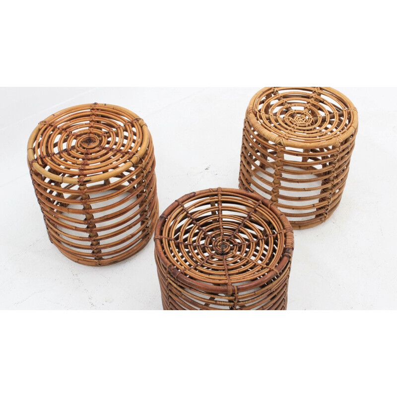 Set of 3 vintage Rattan Stools by Tito Agnoli 1960s