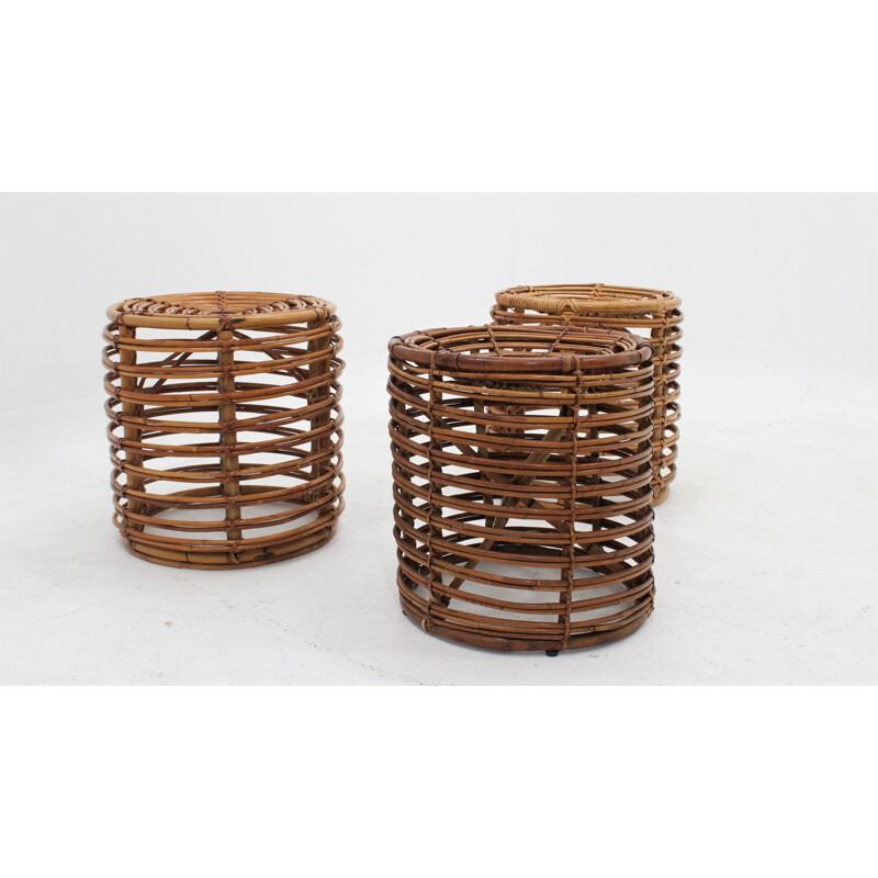 Set of 3 vintage Rattan Stools by Tito Agnoli 1960s