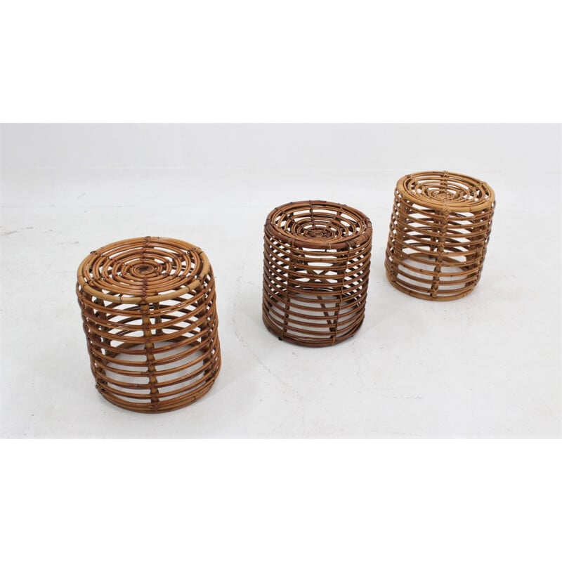 Set of 3 vintage Rattan Stools by Tito Agnoli 1960s