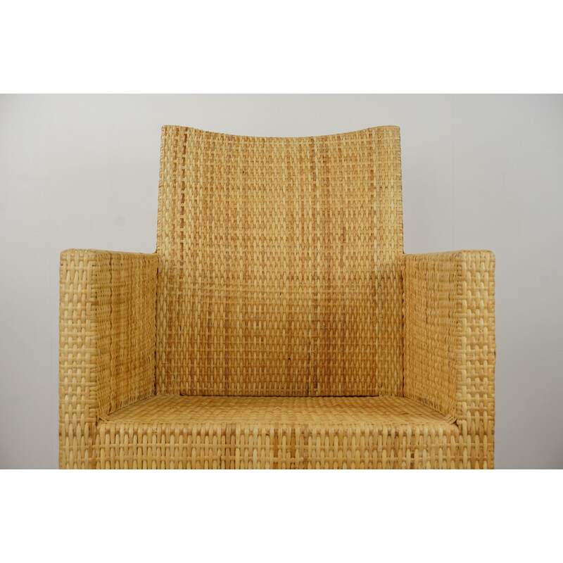 Vintage fauteuil in hout en gevlochten rotan