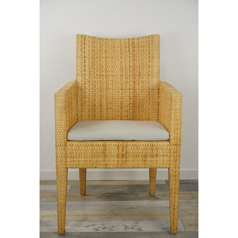 Vintage fauteuil in hout en gevlochten rotan
