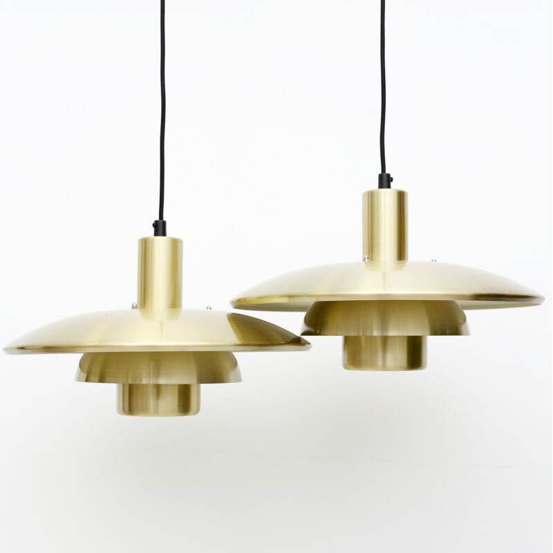 Pair of vintage golden brass pendant lamps, Danish 1970s