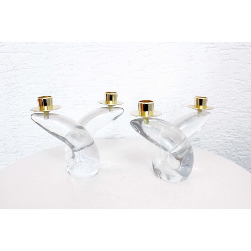 Pair of vintage schneider candlesticks in crystal and brass, France