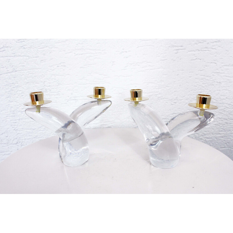 Pair of vintage schneider candlesticks in crystal and brass, France