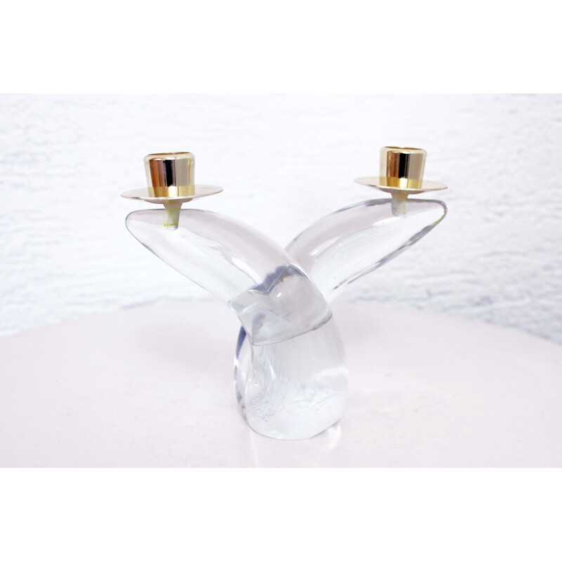 Pair of vintage schneider candlesticks in crystal and brass, France