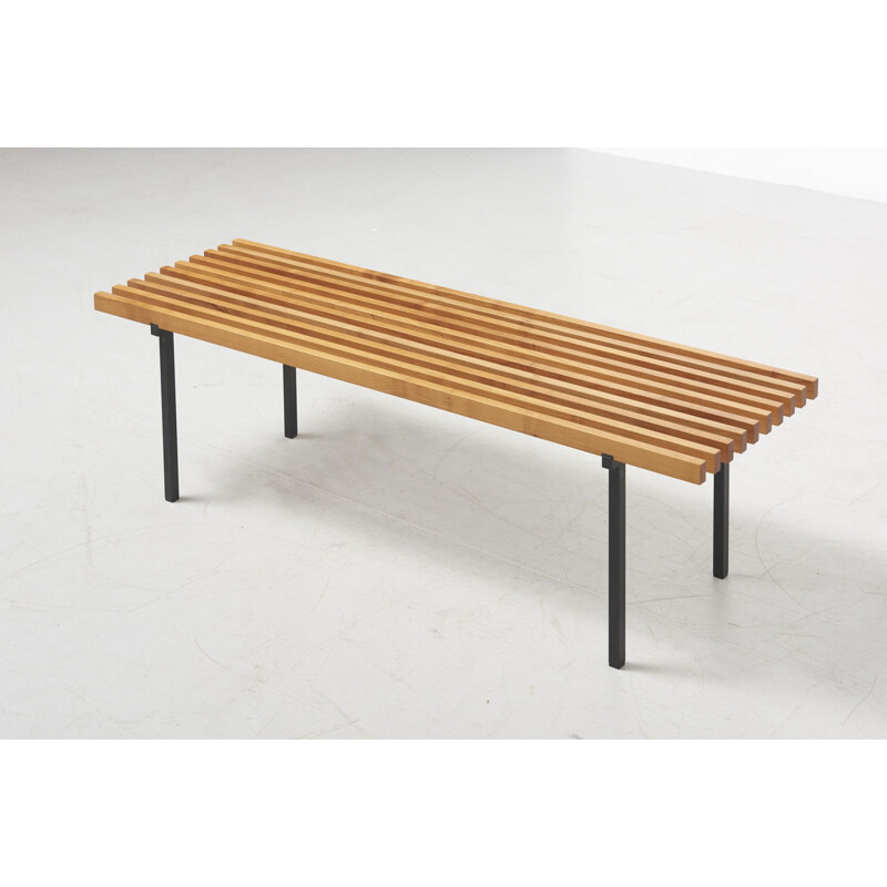 Vintage Slatted Bench in Beech and Lacquered Steel 1960s