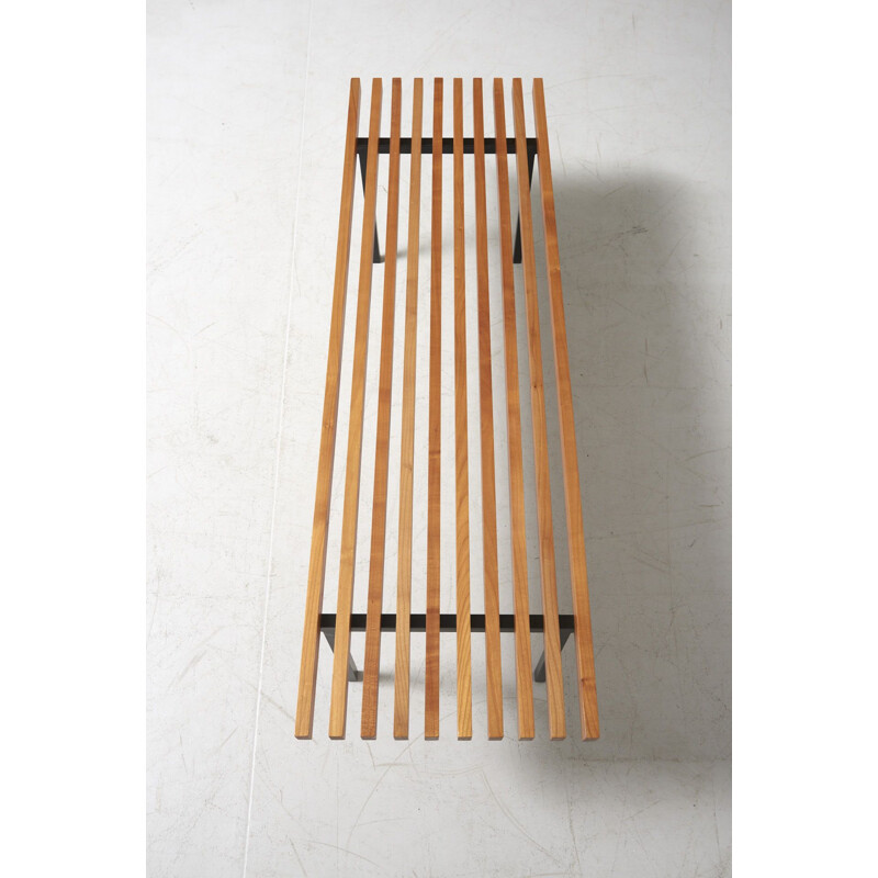 Vintage Slatted Bench in Beech and Lacquered Steel 1960s