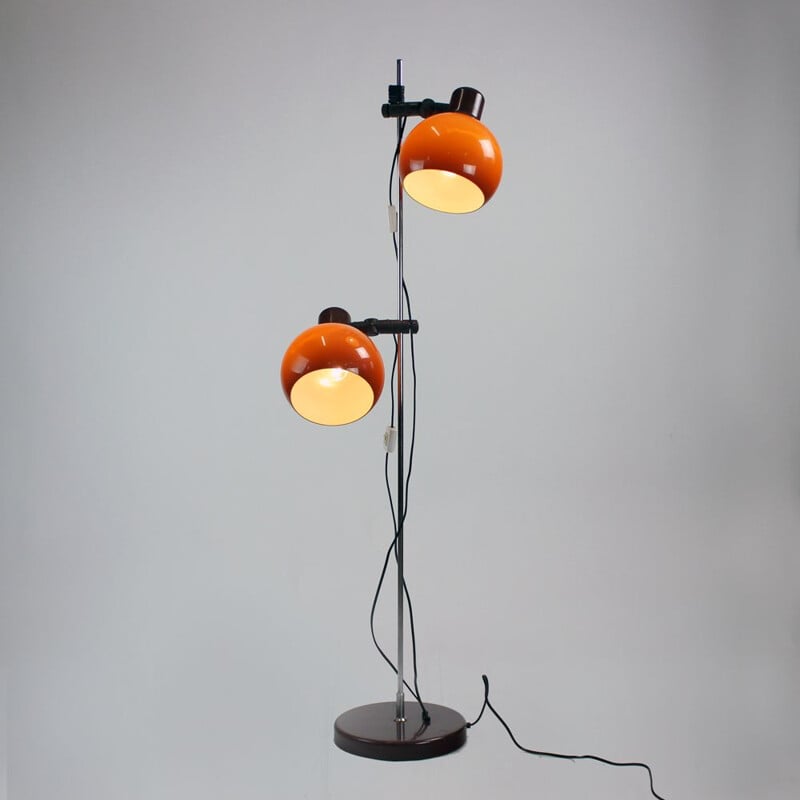 Vintage Free Standing Floor Lamp With Two Orange Shields, Hungary 1970s