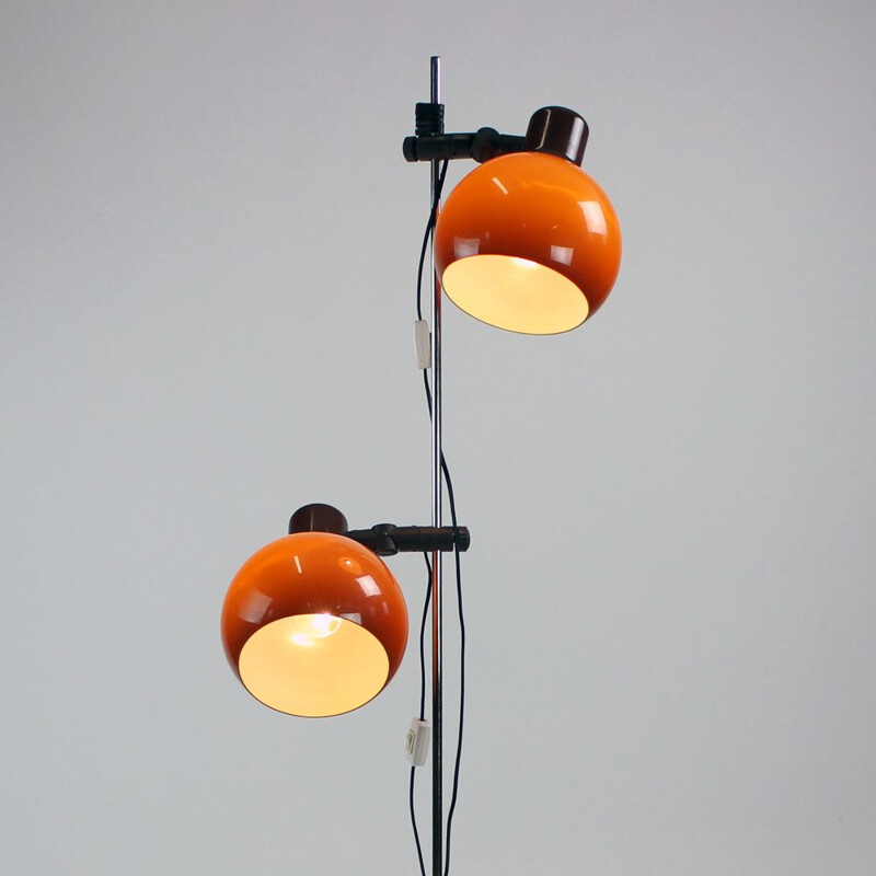 Vintage Free Standing Floor Lamp With Two Orange Shields, Hungary 1970s