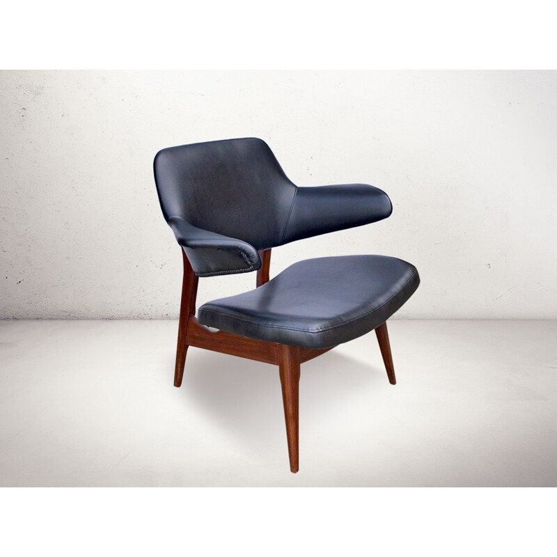 Webe armchair in teak and black eco leather, Louis VAN TEEFFELEN - 1960s