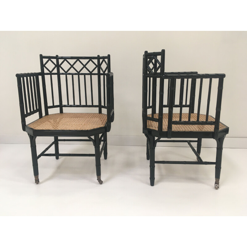 Pair of vintage armchairs in wicker lacquered wood and brass