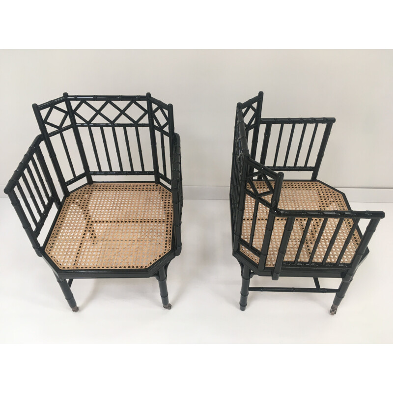 Pair of vintage armchairs in wicker lacquered wood and brass