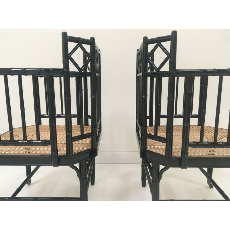 Pair of vintage armchairs in wicker lacquered wood and brass