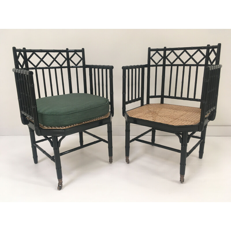 Pair of vintage armchairs in wicker lacquered wood and brass