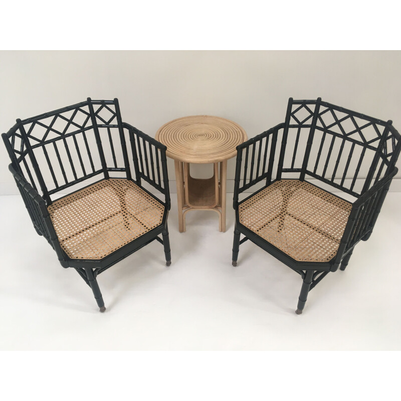 Pair of vintage armchairs in wicker lacquered wood and brass