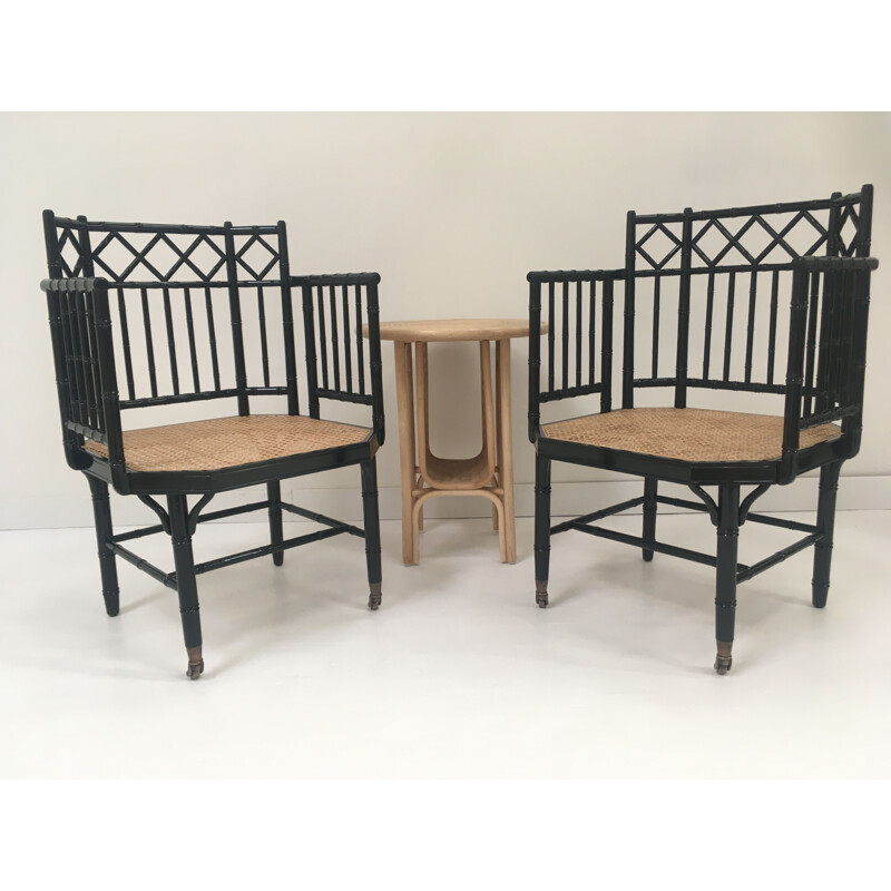 Pair of vintage armchairs in wicker lacquered wood and brass