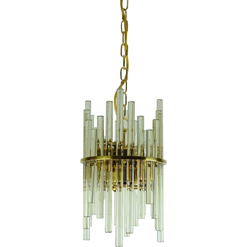 Vintage gilt brass and glass rods hollywood pendant light by christoph palme 1960s