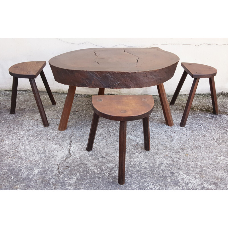 Set of tree trunk coffee table with 3 stools - 1960s