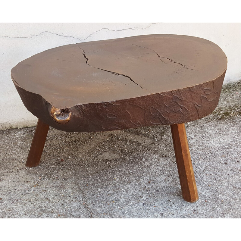 Set of tree trunk coffee table with 3 stools - 1960s