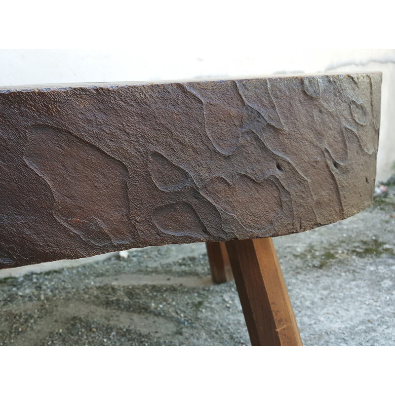 Set of tree trunk coffee table with 3 stools - 1960s