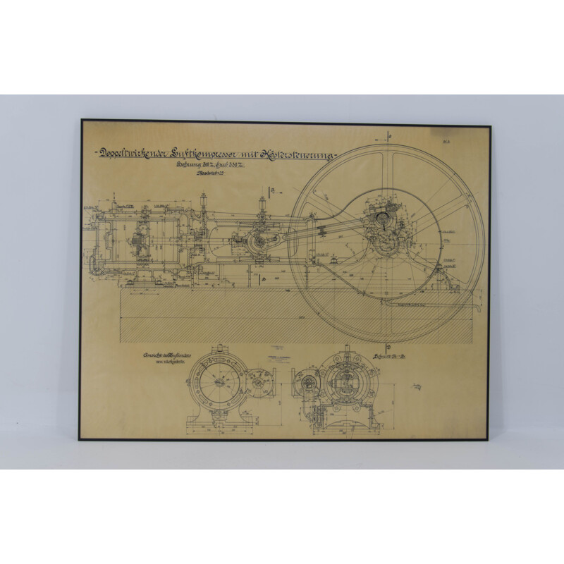 Dibujo técnico original de época de un compresor de aire, 1925