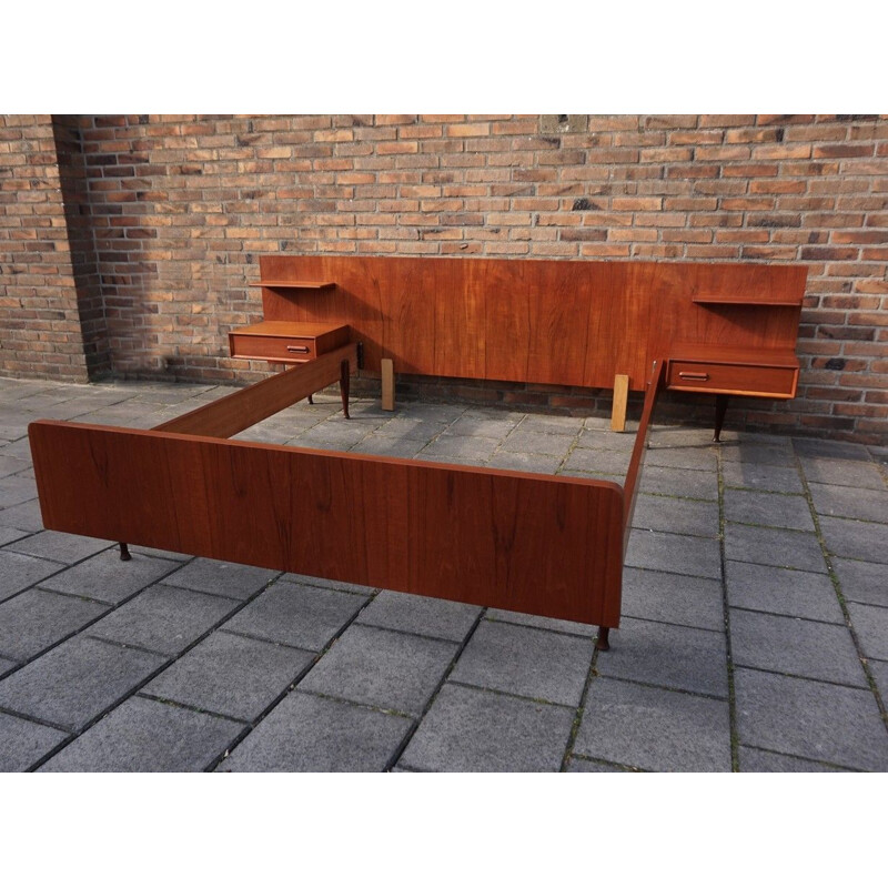 Vintage Teak Bed Frame with floating nightstands by Louis van Teeffelen for WeBé 1960s