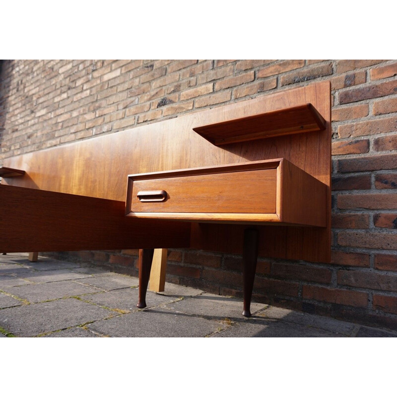 Vintage Teak Bed Frame with floating nightstands by Louis van Teeffelen for WeBé 1960s