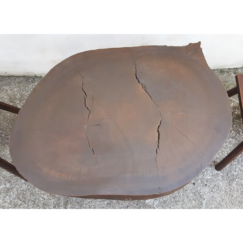 Set of tree trunk coffee table with 3 stools - 1960s