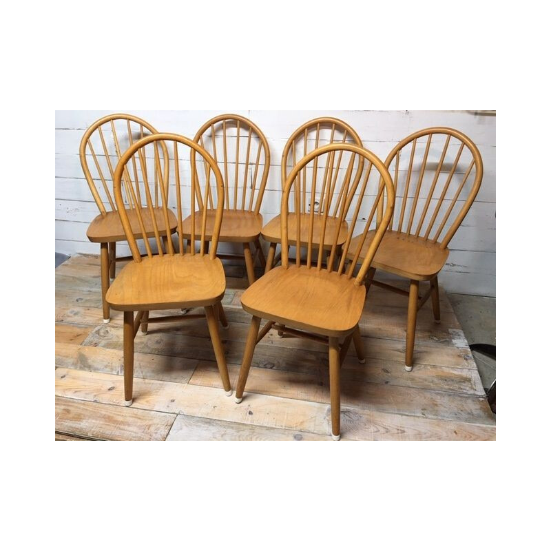 Set of 6 vintage solid beech chairs